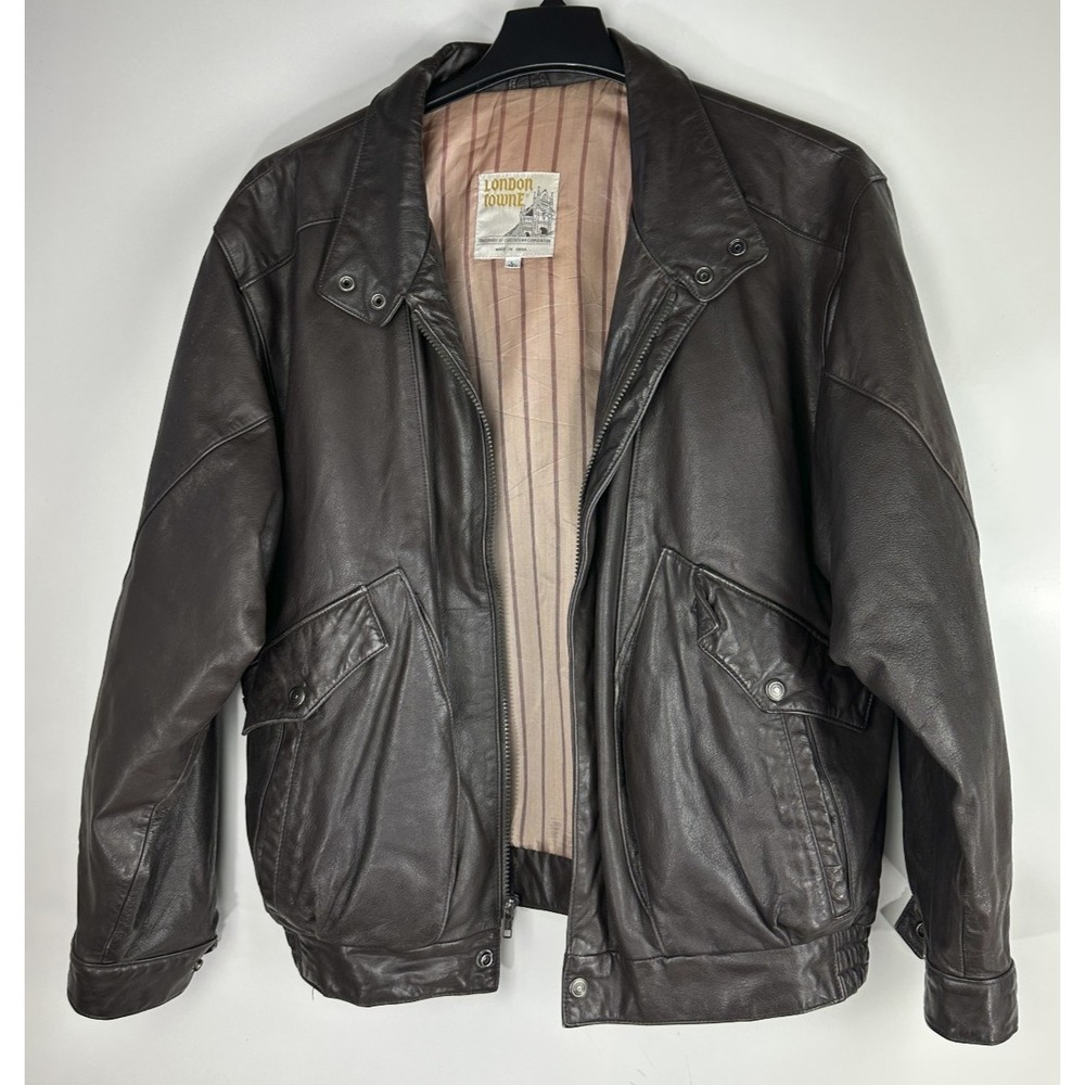 Vtg London Towne Leather Jacket Men's Large Brown Bomber Distressed 90s Style - Picture 3 of 16